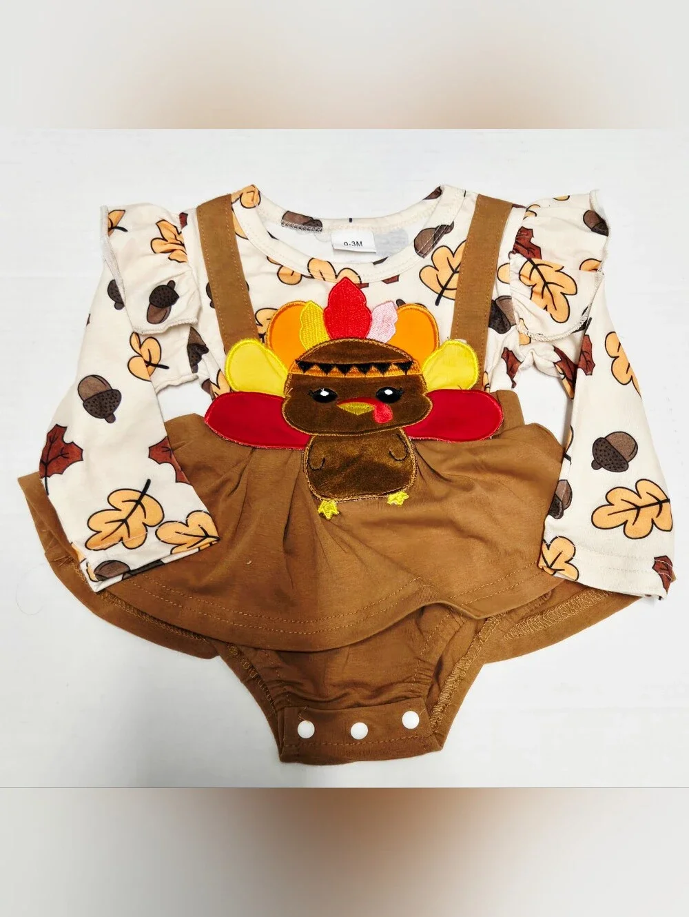 Baby Girl Thanksgiving Turkey Romper Dress 0-3M Fall Leaves Acorn Long Sleeve NW